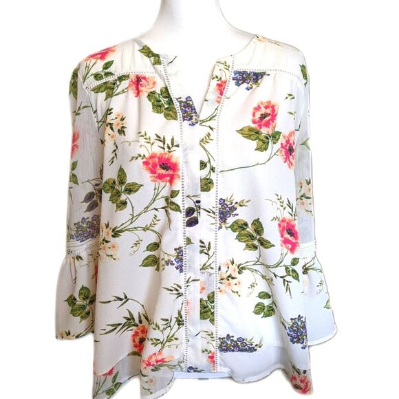 Fever Tops - Fever v-neck, 3/4 bell sleeves, floral print blouse, off white base, size XL